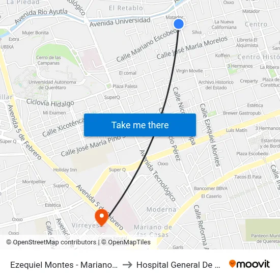 Ezequiel Montes - Mariano Escobedo to Hospital General De Queretaro map