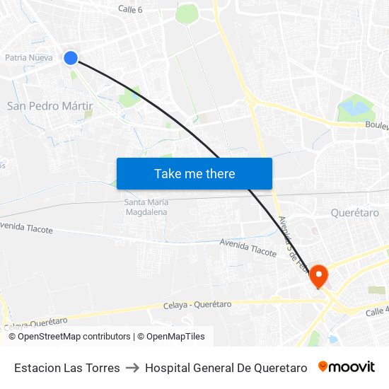 Estacion Las Torres to Hospital General De Queretaro map