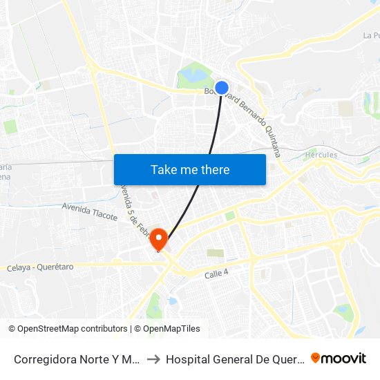 Corregidora Norte Y Morera to Hospital General De Queretaro map