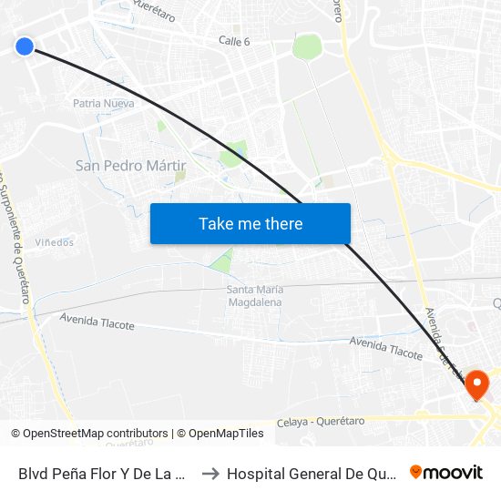 Blvd Peña Flor Y De La Cantera to Hospital General De Queretaro map