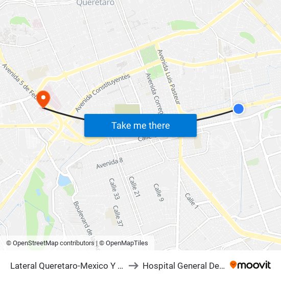 Lateral Queretaro-Mexico Y Mega Estadio to Hospital General De Queretaro map