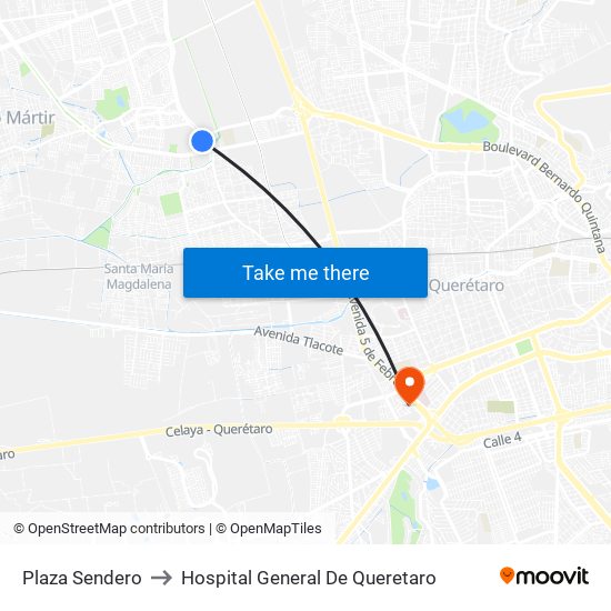 Plaza Sendero to Hospital General De Queretaro map