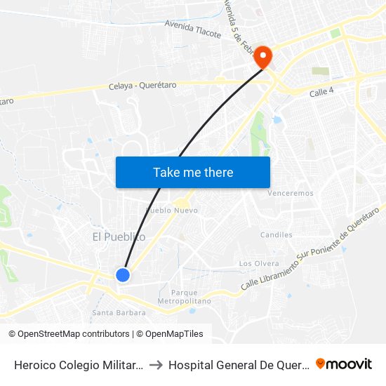 Heroico Colegio Militar, 86b to Hospital General De Queretaro map