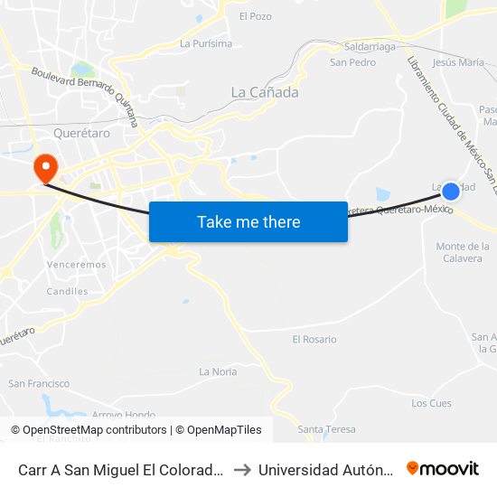 Carr A San Miguel El Colorado Y Calle San Juan Del Río to Universidad Autónoma De Querétaro map