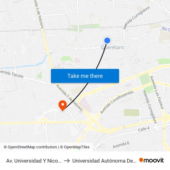 Av. Universidad Y Nicolas Bravo to Universidad Autónoma De Querétaro map