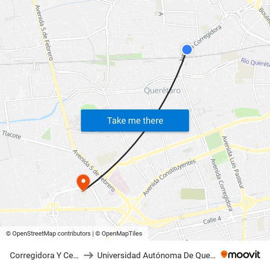 Corregidora Y Cerrito to Universidad Autónoma De Querétaro map