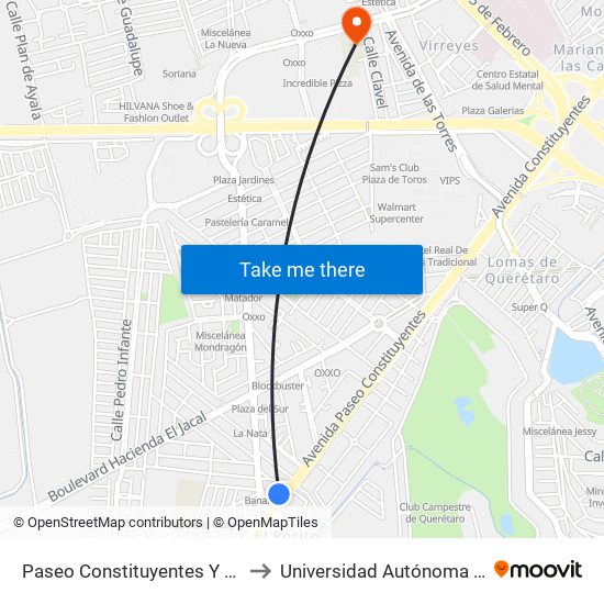 Paseo Constituyentes Y Prol. Zaragoza to Universidad Autónoma De Querétaro map