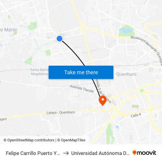 Felipe Carrillo Puerto Y Revolución to Universidad Autónoma De Querétaro map