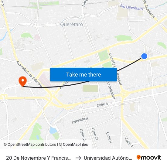 20 De Noviembre Y Francisco Gonzalez De Cosio to Universidad Autónoma De Querétaro map