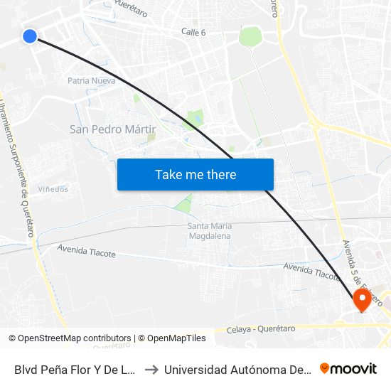 Blvd Peña Flor Y De La Cantera to Universidad Autónoma De Querétaro map