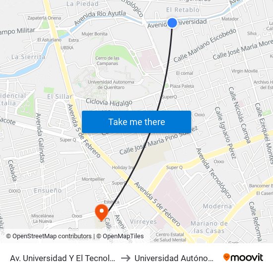Av. Universidad Y El Tecnologico De Queretaro to Universidad Autónoma De Querétaro map