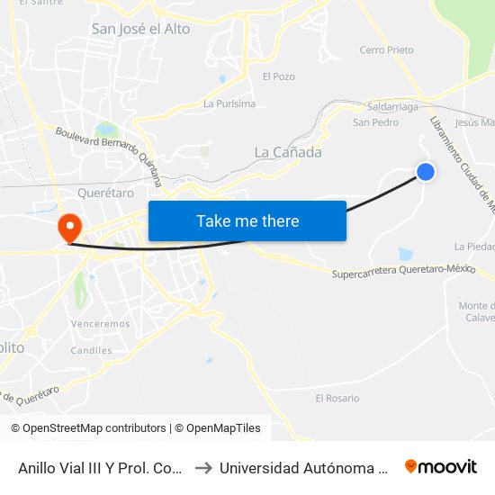 Anillo Vial III Y Prol. Constituyentes to Universidad Autónoma De Querétaro map