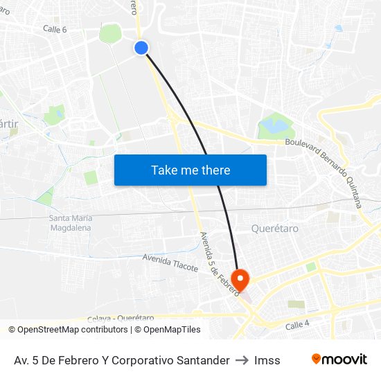 Av. 5 De Febrero Y Corporativo Santander to Imss map