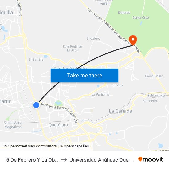 5 De Febrero Y La Obrera to Universidad Anáhuac Querétaro map
