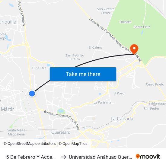 5 De Febrero Y Acceso IV to Universidad Anáhuac Querétaro map