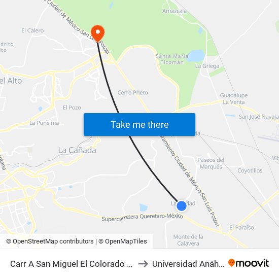 Carr A San Miguel El Colorado Y Calle San Juan Del Río to Universidad Anáhuac Querétaro map