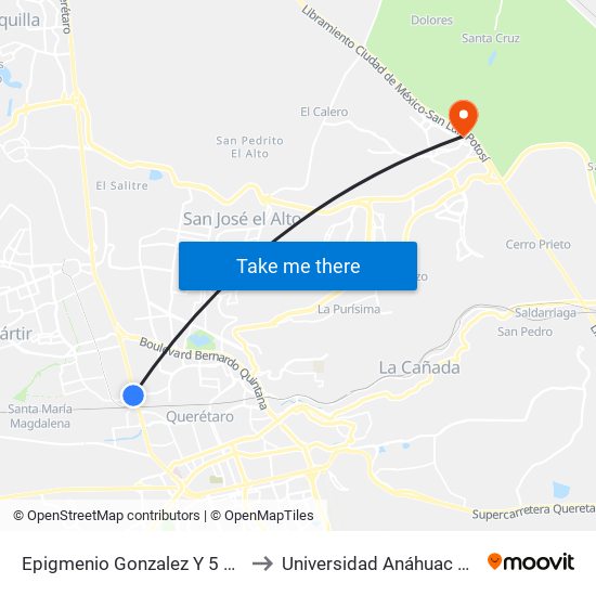 Epigmenio Gonzalez Y 5 De Febrero to Universidad Anáhuac Querétaro map