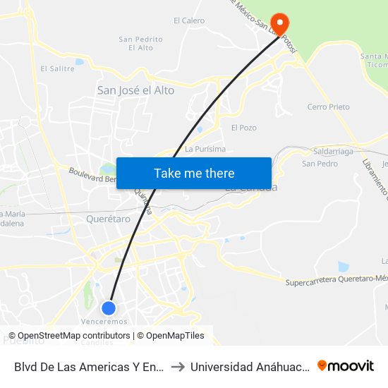 Blvd De Las Americas Y Enrique Bordes to Universidad Anáhuac Querétaro map