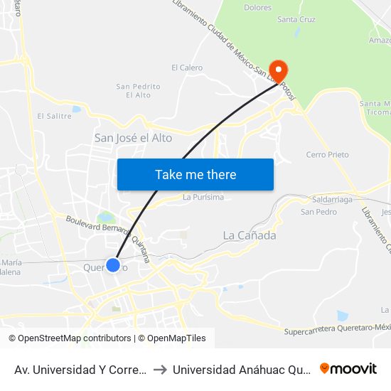 Av. Universidad Y Corregidora to Universidad Anáhuac Querétaro map