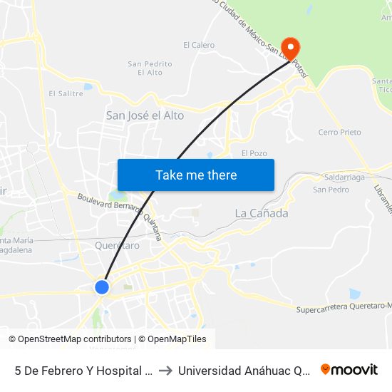 5 De Febrero Y Hospital General to Universidad Anáhuac Querétaro map