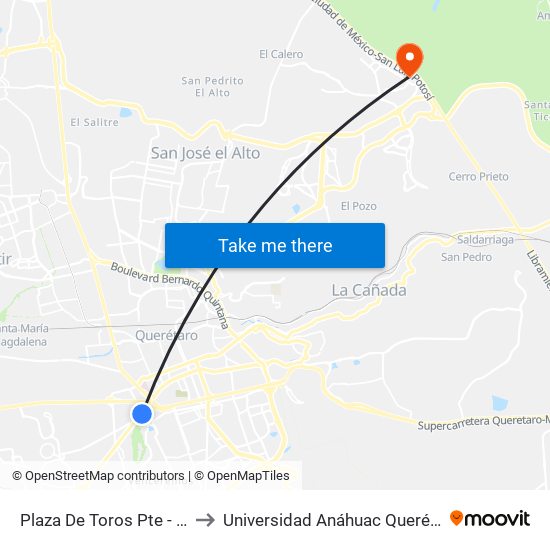 Plaza De Toros Pte - Ote to Universidad Anáhuac Querétaro map