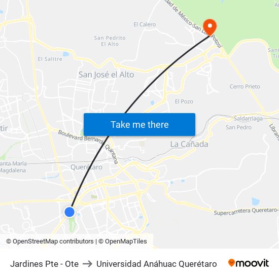 Jardines Pte - Ote to Universidad Anáhuac Querétaro map