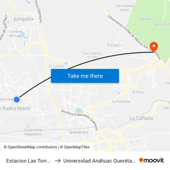 Estacion Las Torres to Universidad Anáhuac Querétaro map