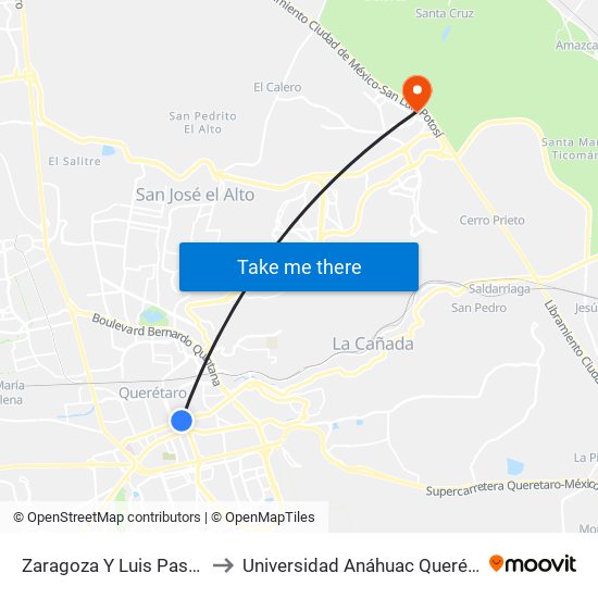 Zaragoza Y Luis Pasteur to Universidad Anáhuac Querétaro map