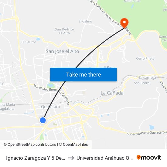 Ignacio Zaragoza Y 5 De Febrero to Universidad Anáhuac Querétaro map