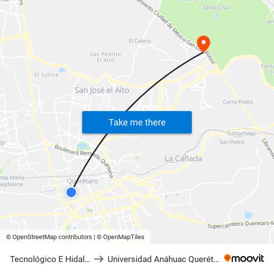 Tecnológico E Hidalgo to Universidad Anáhuac Querétaro map