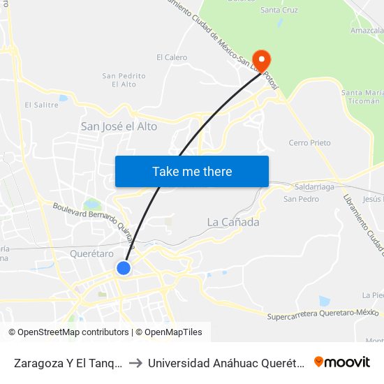 Zaragoza Y El Tanque to Universidad Anáhuac Querétaro map