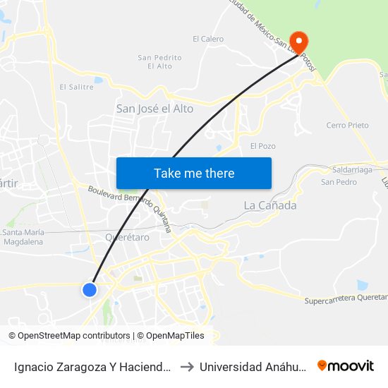 Ignacio Zaragoza Y Hacienda Chichimequillas to Universidad Anáhuac Querétaro map