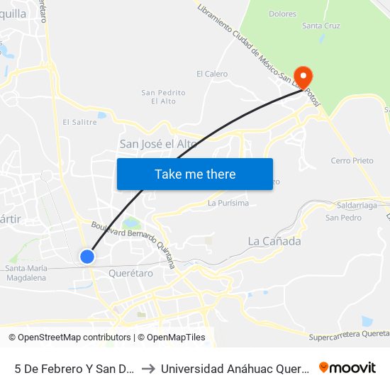 5 De Febrero Y San Diego to Universidad Anáhuac Querétaro map