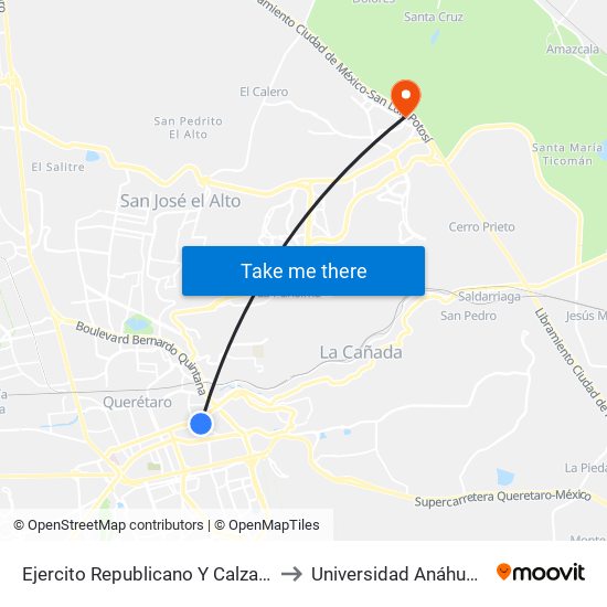 Ejercito Republicano Y Calzada De Los Arcos to Universidad Anáhuac Querétaro map