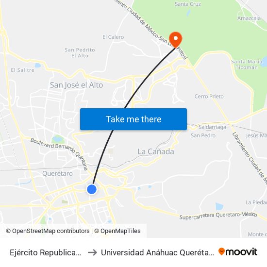 Ejército Republicano to Universidad Anáhuac Querétaro map