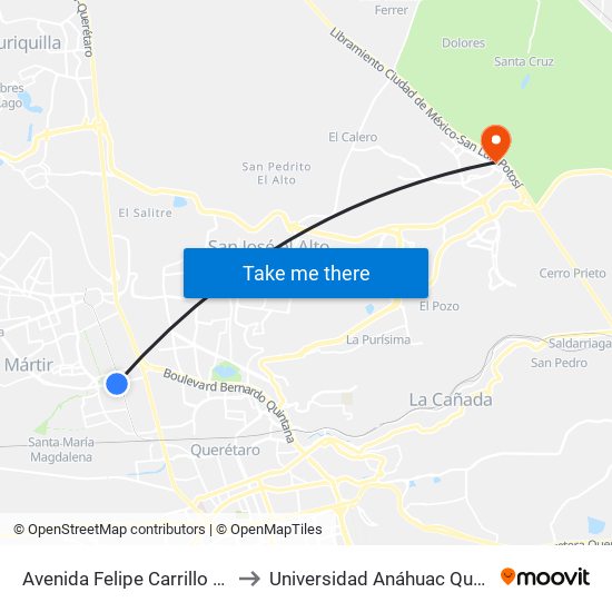 Avenida Felipe Carrillo Puerto to Universidad Anáhuac Querétaro map