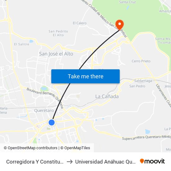 Corregidora Y Constituyentes to Universidad Anáhuac Querétaro map