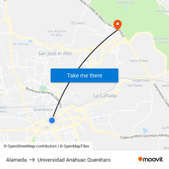 Alameda to Universidad Anáhuac Querétaro map