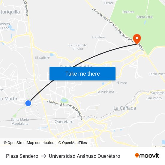 Plaza Sendero to Universidad Anáhuac Querétaro map
