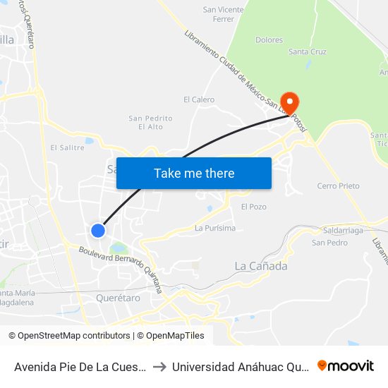 Avenida Pie De La Cuesta, 886 to Universidad Anáhuac Querétaro map