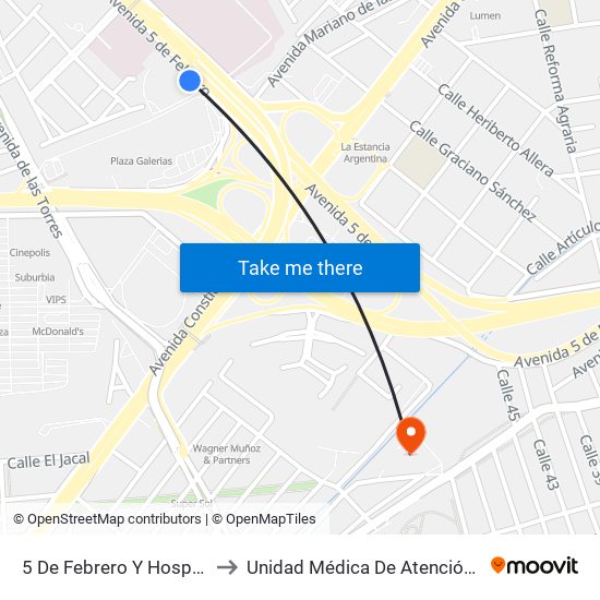 5 De Febrero Y Hospital General to Unidad Médica De Atención Ambulatoria map