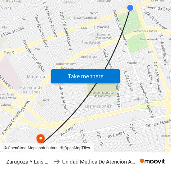 Zaragoza Y Luis Pasteur to Unidad Médica De Atención Ambulatoria map