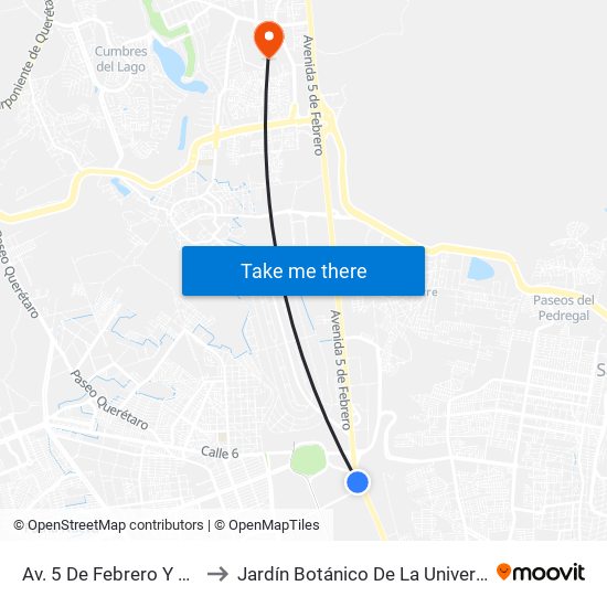 Av. 5 De Febrero Y Corporativo Santander to Jardín Botánico De La Universidad Autónoma De Querétaro map