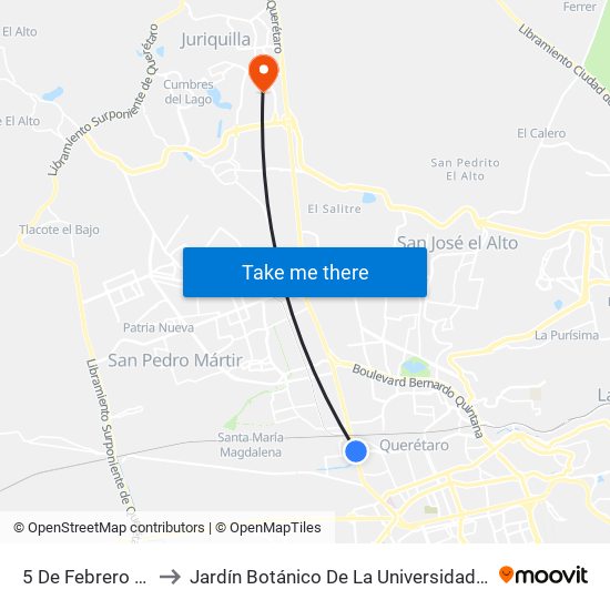 5 De Febrero Y Río Ayutla to Jardín Botánico De La Universidad Autónoma De Querétaro map