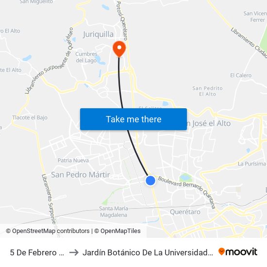 5 De Febrero Y La Obrera to Jardín Botánico De La Universidad Autónoma De Querétaro map