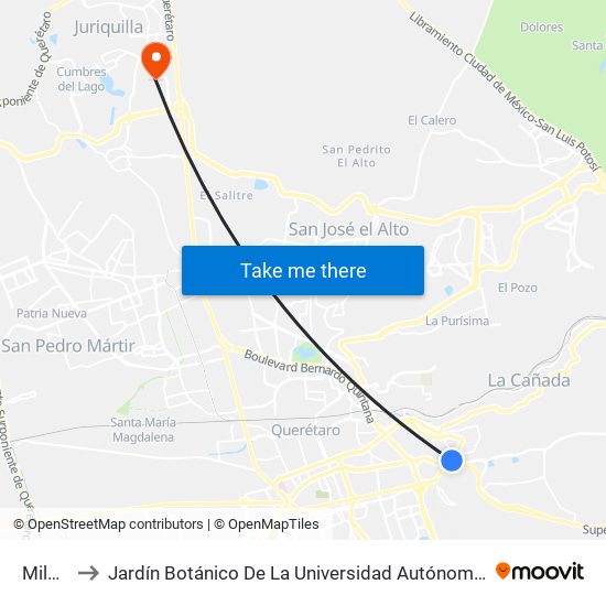 Milenio to Jardín Botánico De La Universidad Autónoma De Querétaro map