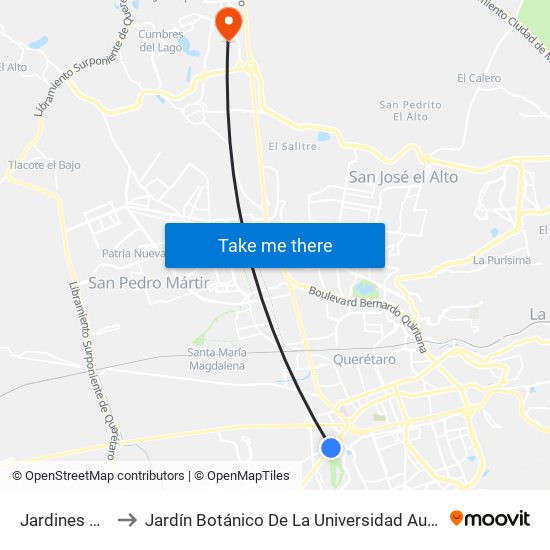Jardines Pte - Ote to Jardín Botánico De La Universidad Autónoma De Querétaro map