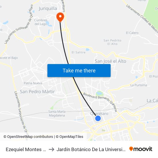 Ezequiel Montes Y Miguel Hidalgo to Jardín Botánico De La Universidad Autónoma De Querétaro map