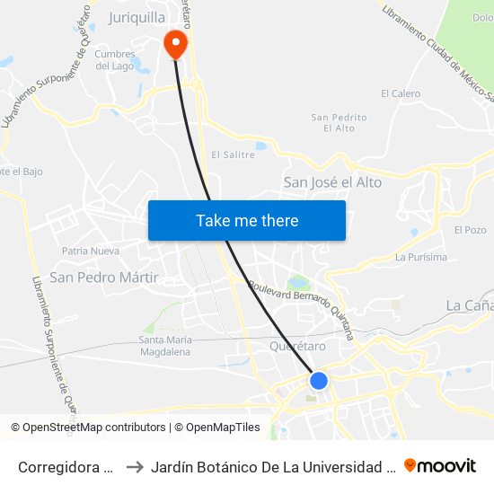 Corregidora Y La Fragua to Jardín Botánico De La Universidad Autónoma De Querétaro map