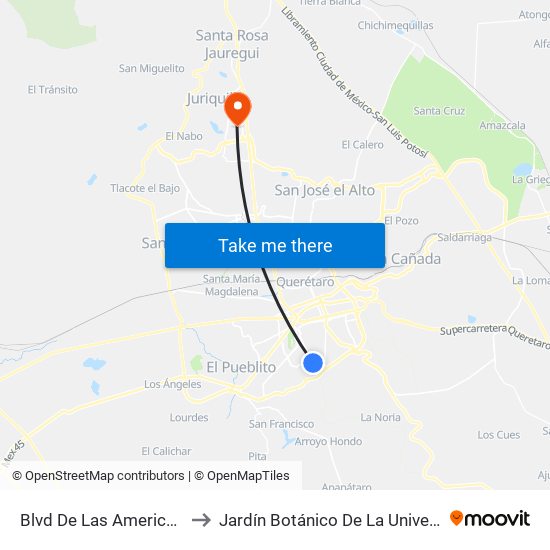 Blvd De Las Americas Y Blvd Gobernadores to Jardín Botánico De La Universidad Autónoma De Querétaro map